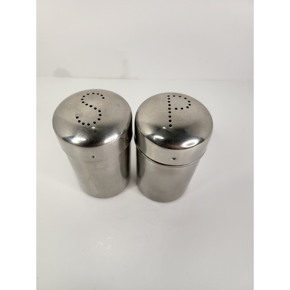 Vintage Stainless Steel Salt and Pepper Shakers Set Brushed Metal S P Lids